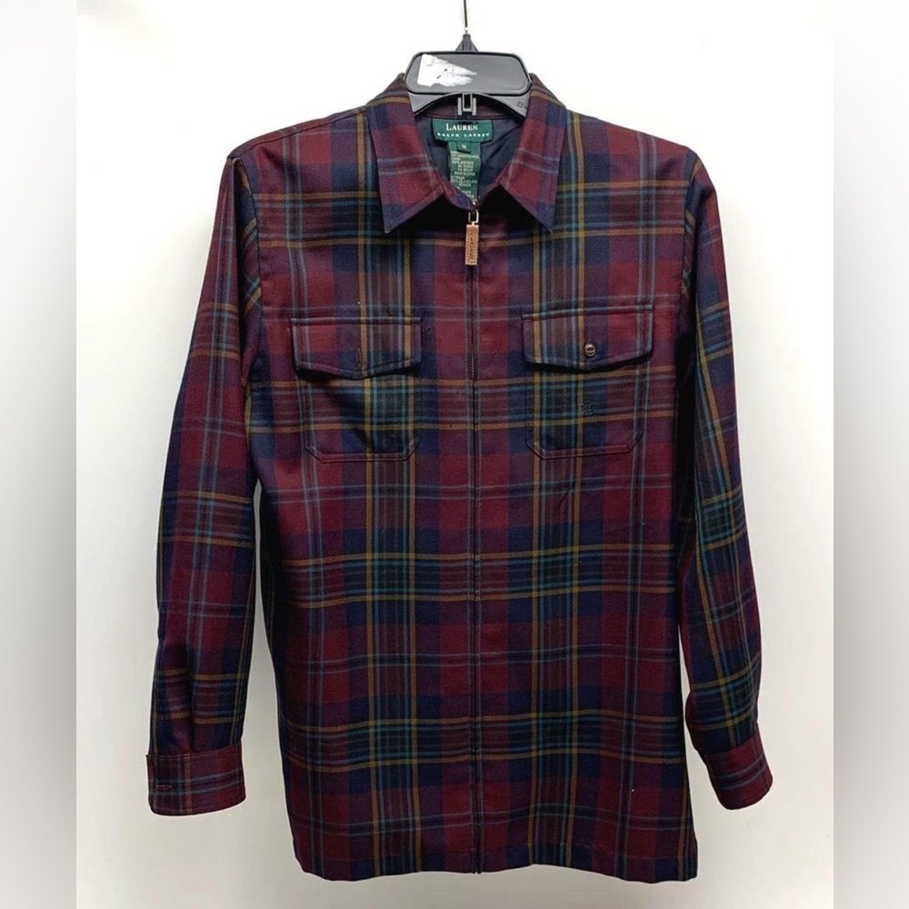 Women's LAUREN Ralph Lauren Burgundy 100% Worsted Wool Full Zip Shirt Jacket M